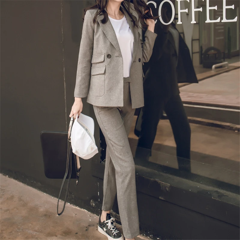 Women 2 Piece Sets Gray Casual Blazer & High Waist Pant Office Lady Notched Jacket Pant Suits Korean suit Femme