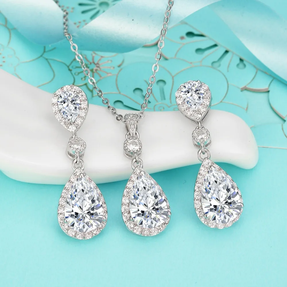 

Tuliper 925 Sterling Silver Teardrop Bridal Necklace Earrings Set Cubic Zircon Wedding Jewelry Set For Women Party Jewelry