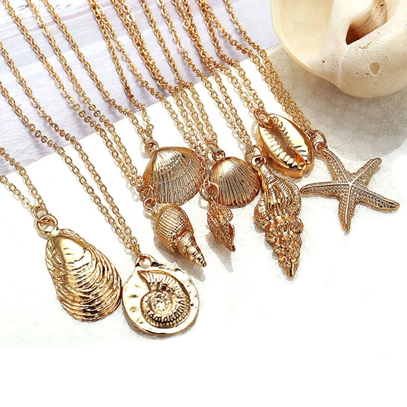 

2019 New Fashion Shell Starfish Necklace For Women 10 Design Bohemian Cowrie Gold Color Alloy Chain Choker Summer Beach Jewelry