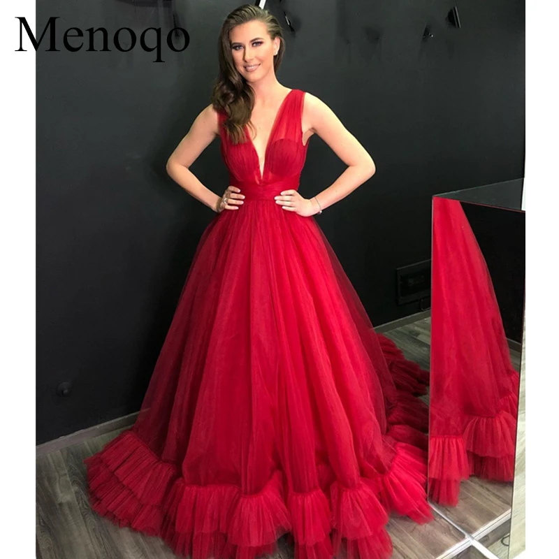

Vestidos Elegantes Red Tulle Evening Dress Long 2019 Sexy V-Neck Tiered Ruffles Formal Evening Party Gowns Robe De Soiree