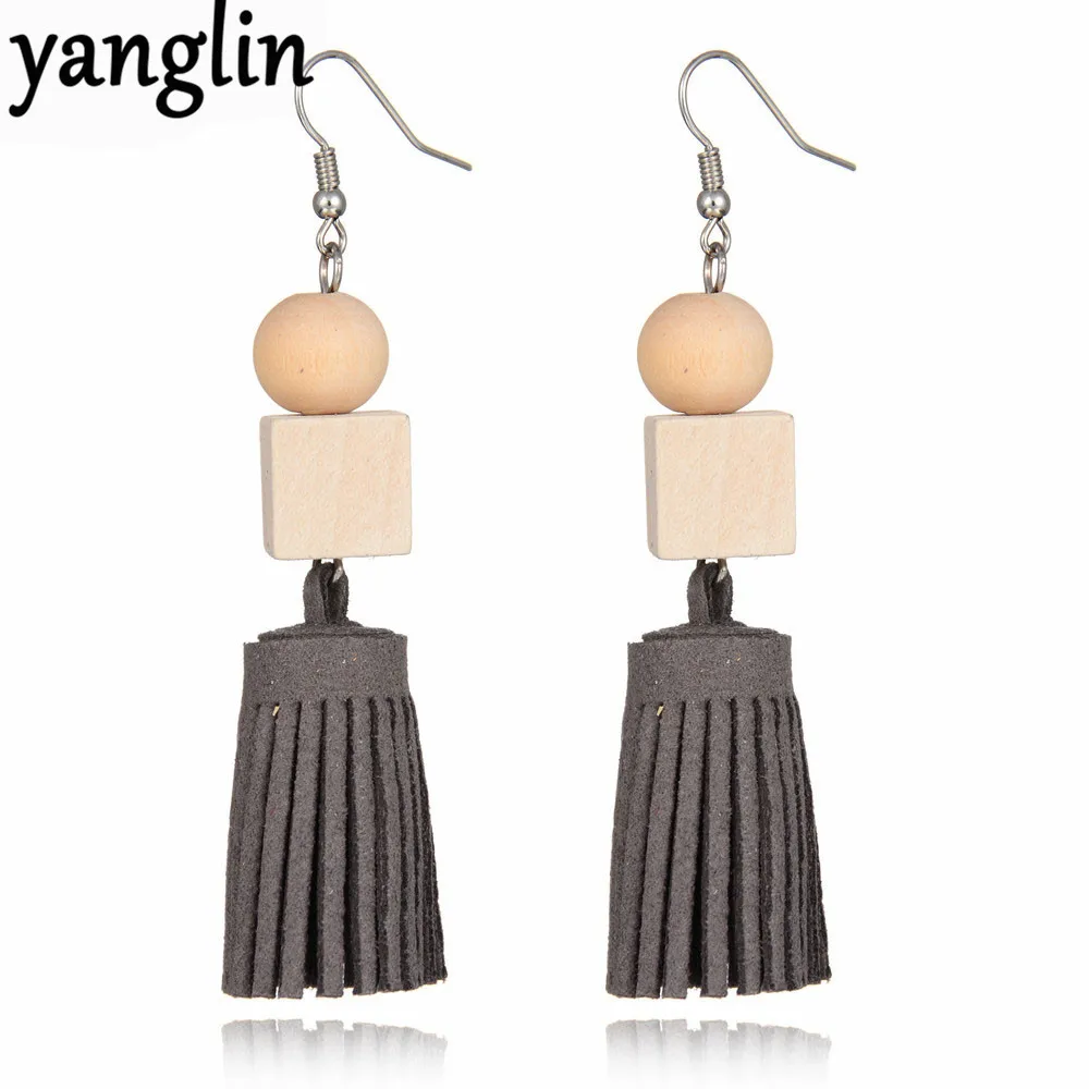 Cute Geometric Square Wood Leather Tassel Dangle Earrings For Women Ladies Christmas Anniversary Gifts Winter Fashion Decoration | Украшения