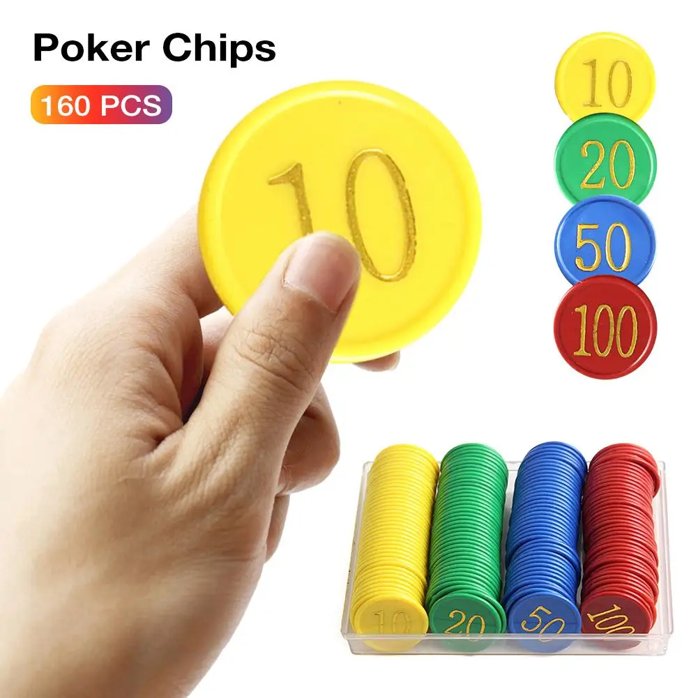 160-piece Plastic Poker Chips With 4 Gold Numbers Printed For Plastic Coins Game Chips-yellow + Green + Red + Blue