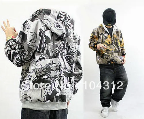 Men's Rhino Graffiti Hip Hop Zipper Warm Hoodie Cotton printing Rap Sweatshirt 
