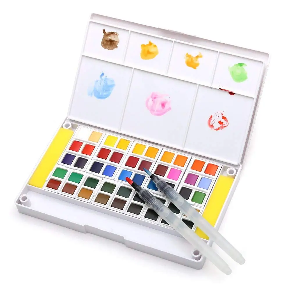 

Watercolor Paint Set - 48 Assorted Watercolors - Travel Watercolor Kit Includes 2 Water Brushes - 2 Sponges