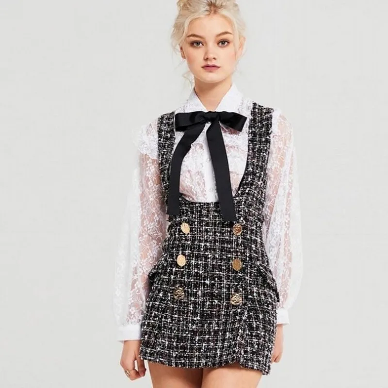 

2019 New Spring 2 Piece Set Dress Women Ruffles Bow Shirt Lace Top+Plaid Sleeveless Tweed Vest Dresses Double Breasted Overalls