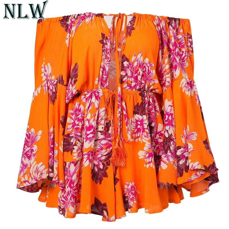 NLW Boho Off Shoulder Women Palysuit Floral Beach Summer Short Jumpsuit Romper 2018 Flare Sleeve Sexy Casual Playsuit