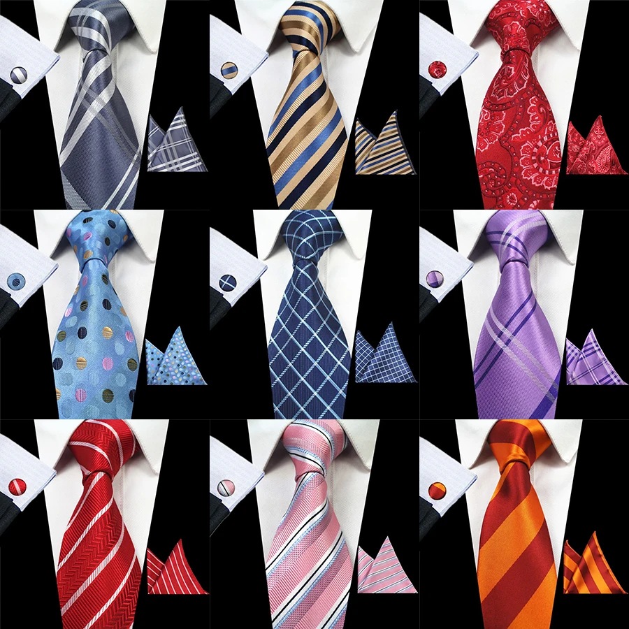Men Tie Set Silk Jacquard Woven Plaid Ties Handkerchief Cufflinks Set Striped Wedding Necktie RBOCOTT Classic 8cm