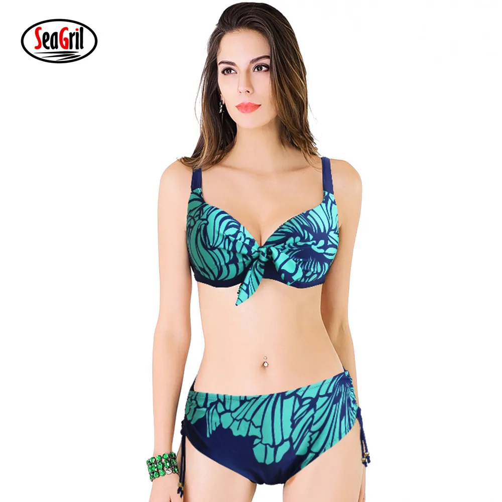 

Sea Girl 2017 Summer New Plus Size Bikini Large Size Floral Printed Swimwear Mid Waist Bathing Suit Hot Sale Swimsuit