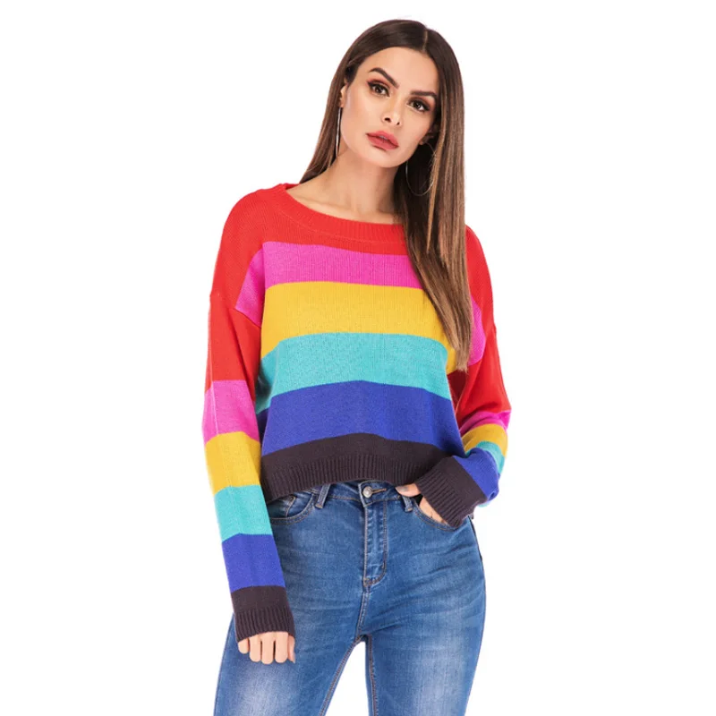 

Women's Sweater 2019 Spring Summer New Rainbow Striped Long Sleeve Round Neck Sweaters Leisure Upper Outer Garment Fashion