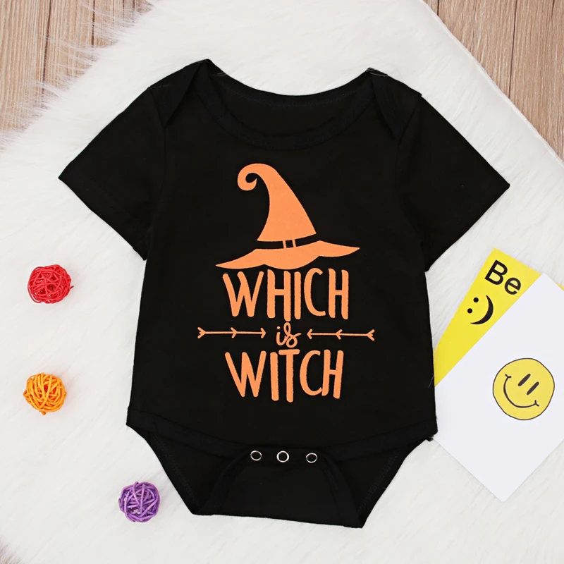 2018 New Arrival Halloween Witch Printed Black Cotton Bodysuit Jumpsuit Baby Boy Girls Costume 4-24 Months
