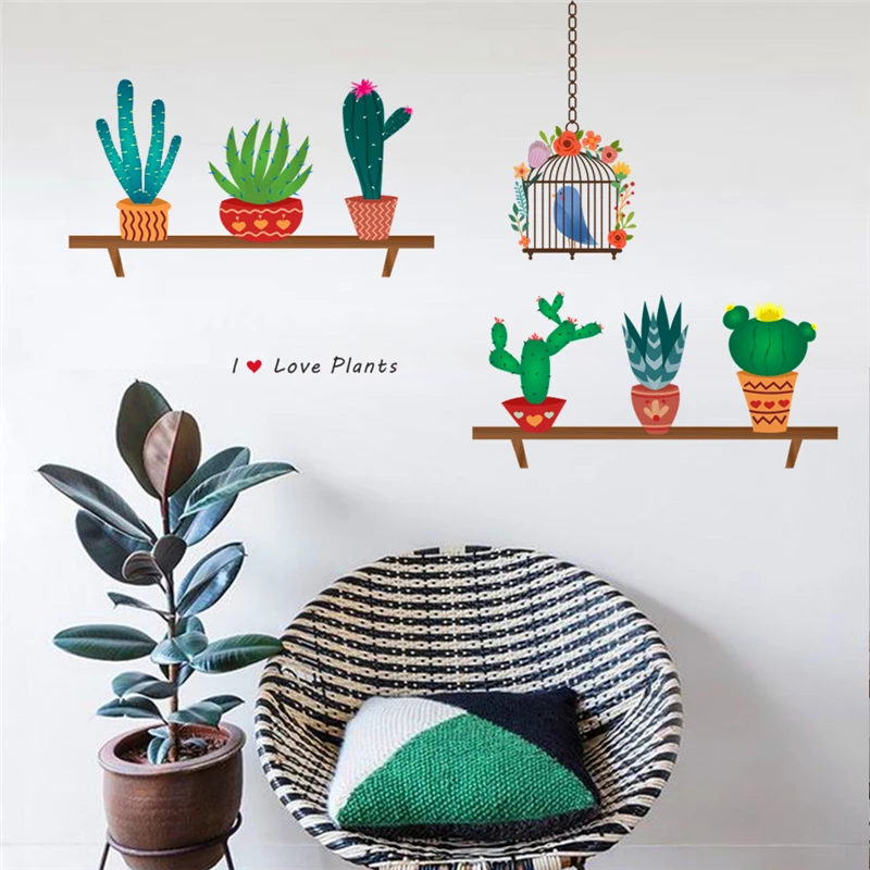 

cartoon cactus plants birds birdcage wall stickers for kids rooms living room home decor wall decals pvc mural diy posters art