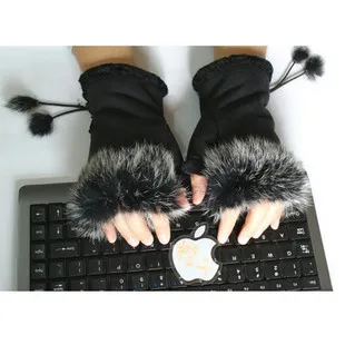 Супер модные женские перчатки с искусственным кроличьим мехом, теплые перчатки без пальцев, зимние перчатки WAA02 - Цвет: Black