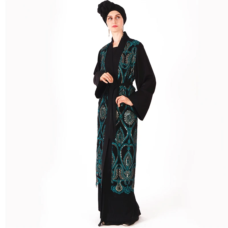 Открытый абайя кимоно халат Дубай блесток мусульманский хиджаб платье Турция Рамадан Абая для женщин Кафтан Marocain Кафтан Исламская одежда