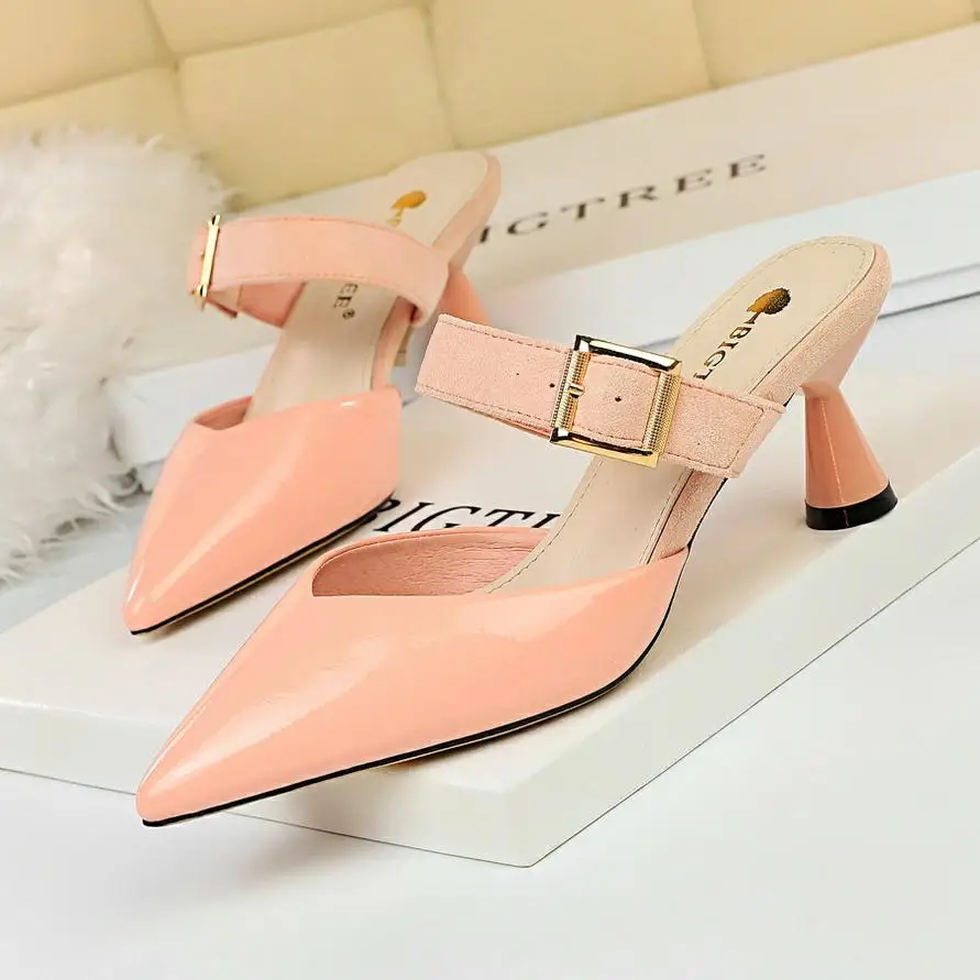 BIGTREE/Женская обувь на высоком каблуке; пикантные туфли без задника; женские черные туфли-лодочки на каблуке; женская обувь на каблуке красного цвета; chaussures femme tacones mujer - Цвет: Розовый