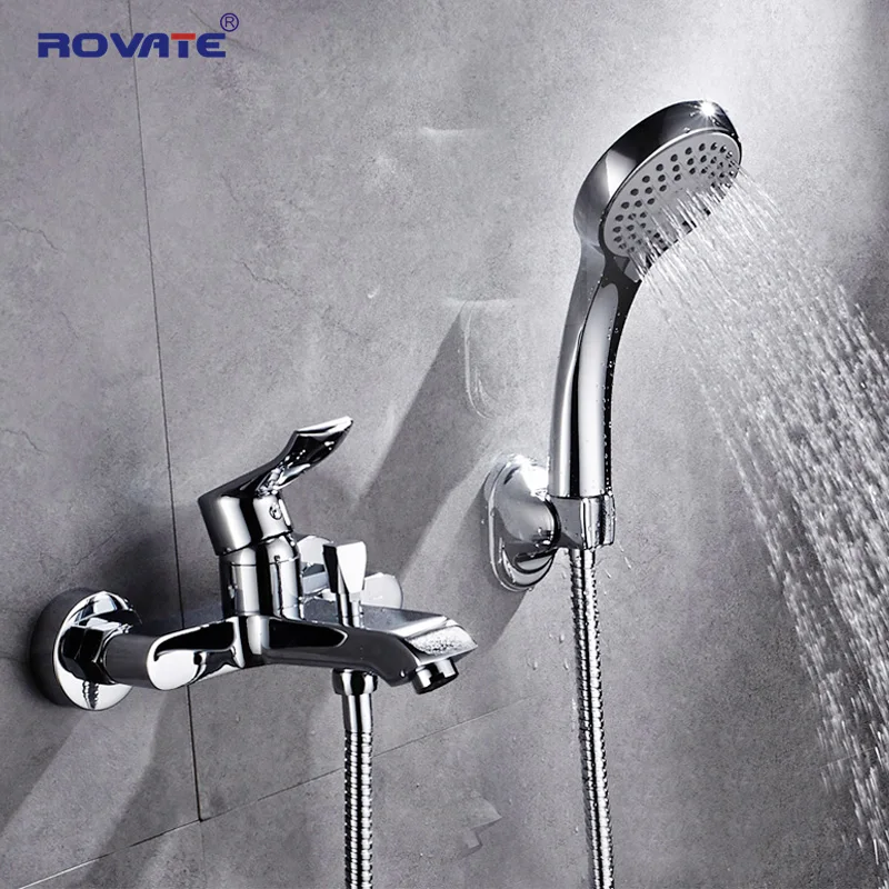 Rovate Brass Wall Mount Bathtub Faucet With Handheld Shower Head