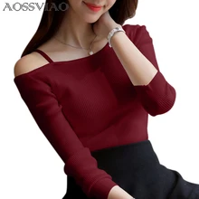 AOSSVIAO 2021 Off Shoulder Sexy Women Long Sleeve Knitted Sweater Solid Skinny Slim Sweater Women Spring And Winter Pullovers