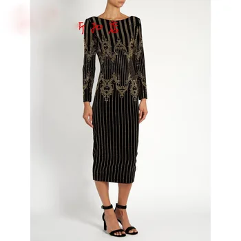 

New dress pointed goods luxury V stretch back drilling catwalk shiny Rome cotton long