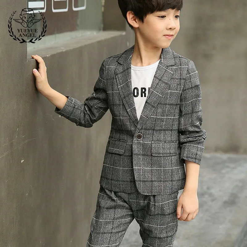 

Child Plaid Boy Suits Party Wedding Gray Suits Boys Spring Autumn School Jacket Boy Formal Baby Two Piece Boys Kinderkleding
