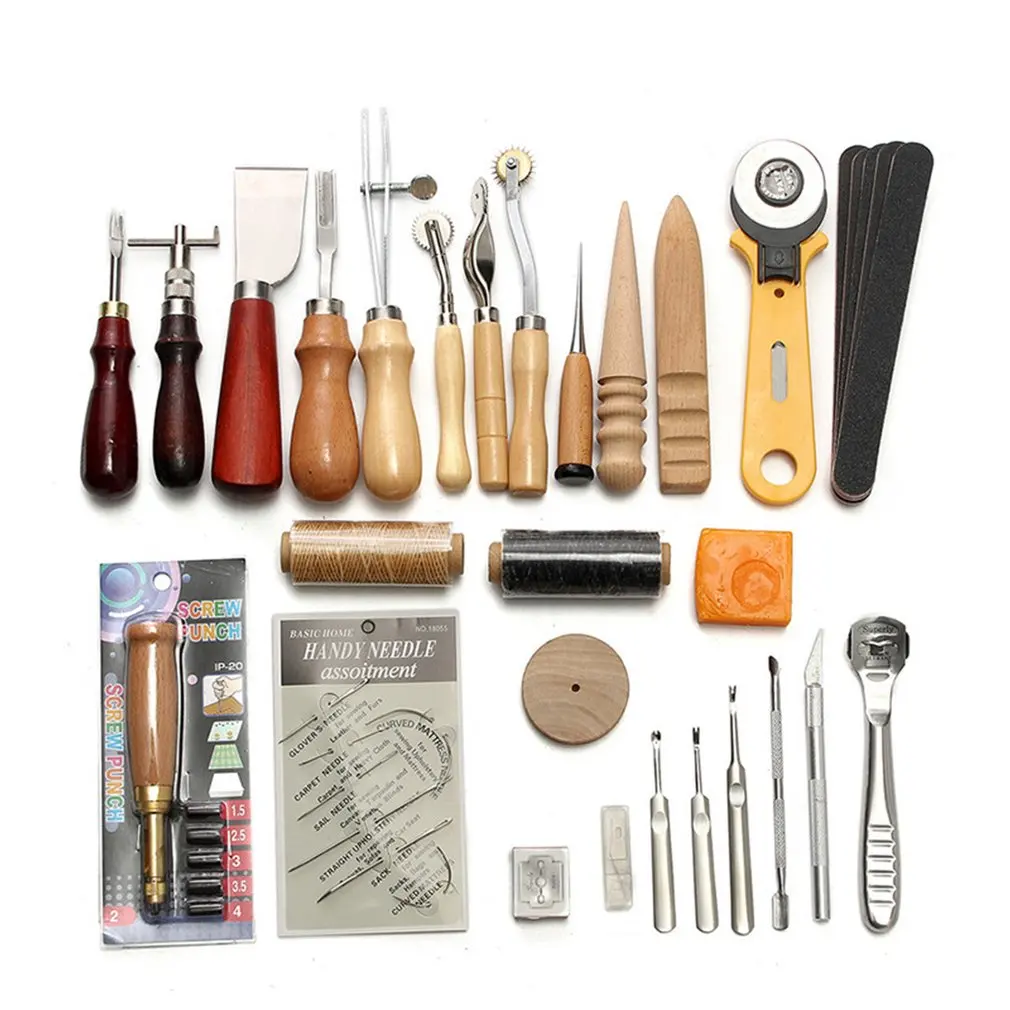

37PCS Leather Craft Tools Kit for DIY Hand Leather Working Carving Work Sewing Stitching Saddle Punch Leathercraft Accessories
