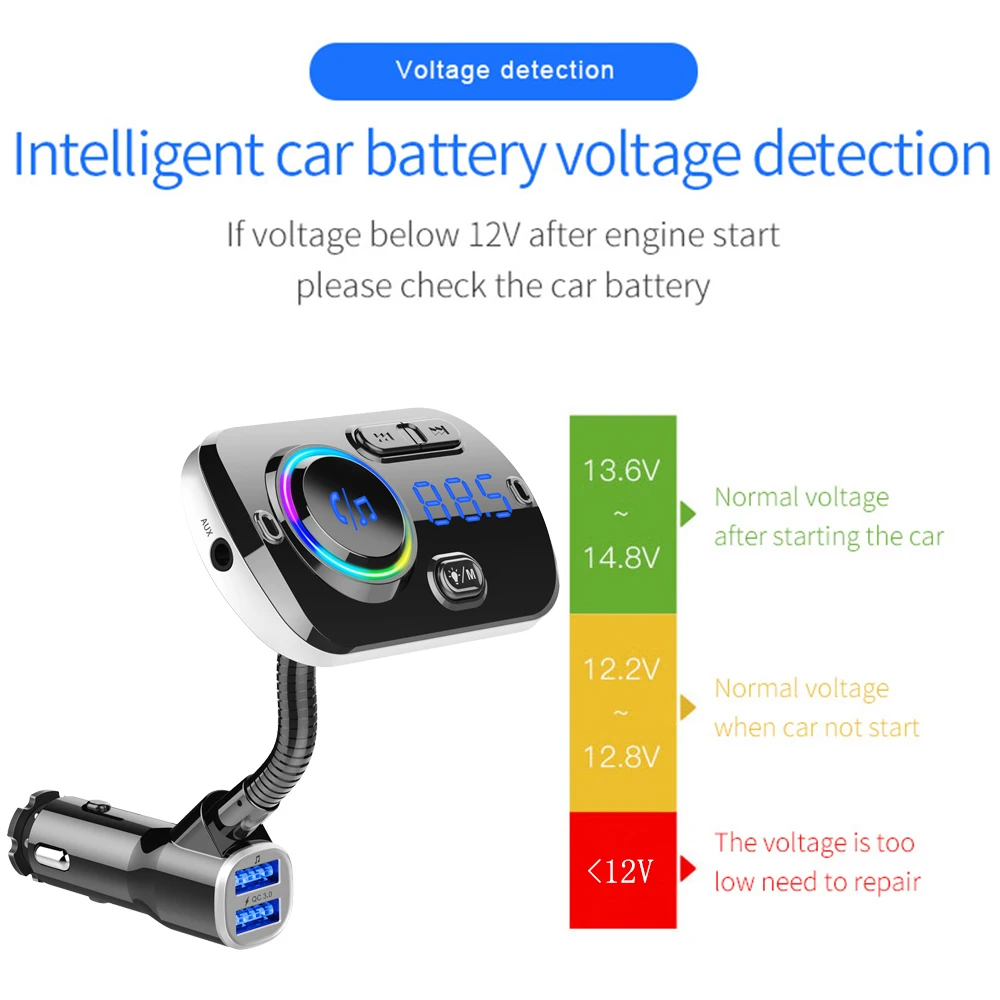 Автомобильный fm-передатчик Bluetooth V5.0, беспроводное радио, автомобильное зарядное устройство, адаптер MP3 с QC3.0, зарядка, поддержка USB, TF карта, светильник