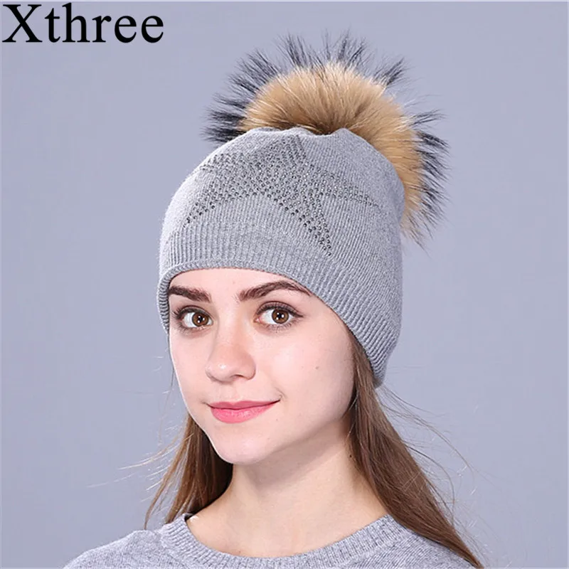 

Xthree winter Five-pointed star beanies Knitted Hat for women and girls real raccoon fur pom pom hat wool skullies Female cap