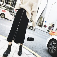 Прямая юбка с высокой талией, Осень-зима, женская элегантная корейская модная Стильная трикотажная юбка на молнии, черные однотонные женские юбки