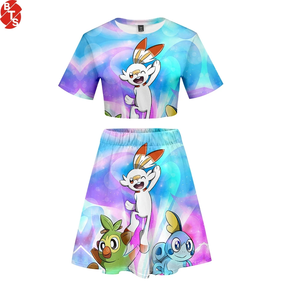Pokemon Sword and Shield 3D Printed Women Two Piece Set Summer Short Sleeve Crop Top+Skirt 2019 harajuku Streetwear Clothes