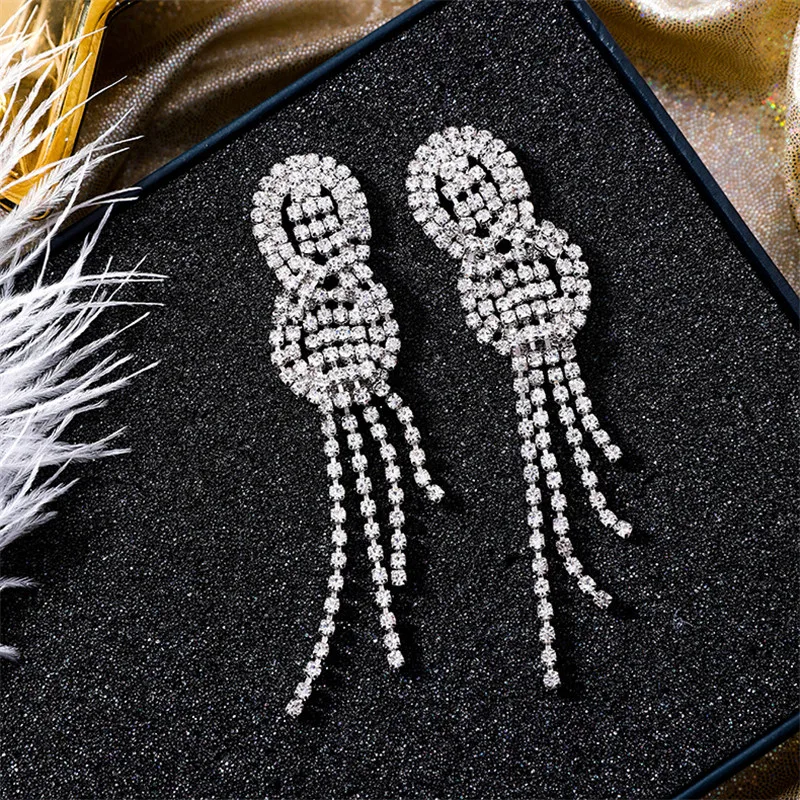 

Ajojewel 10cm Rhinestone Chain Tassel Long Earrings For Women Trendy Party Wedding Jewelry Gift