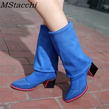 Mcacchi/высокие сапоги до бедра из эластичной ткани; сезон осень-зима; женские ботфорты; осенние сапоги из флока и натуральной кожи с острым носком