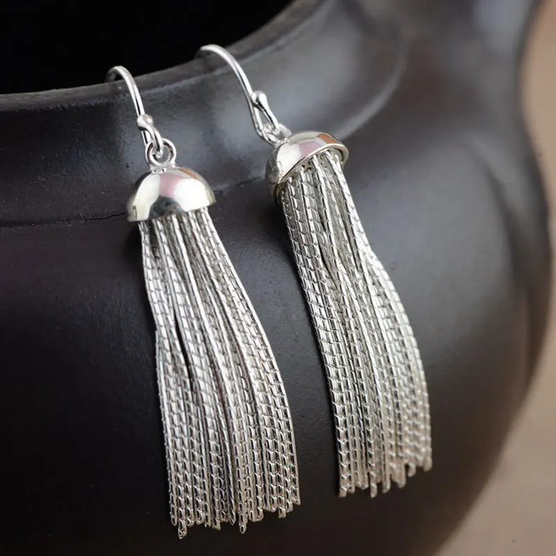 925 Sterling Silver Long Earring for Women S925 Silver boucle d'oreille Tassel Chain Drop Earrings