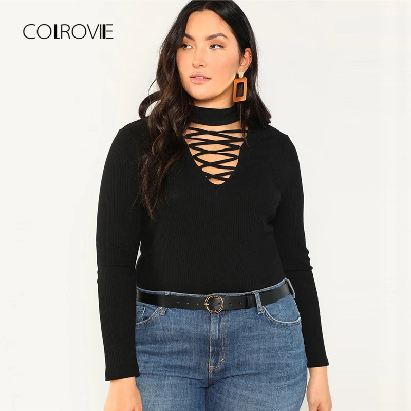 

COLROVIE Plus Size Cut Out Office Sexy Black T Shirt Women Tops Tee Shirts 2018 Autumn Long Sleeve Elegant Causal Femme T-Shirts