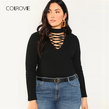 

COLROVIE Plus Size Cut Out Office Sexy Black T Shirt Women Tops Tee Shirts 2018 Autumn Long Sleeve Elegant Causal Femme T-Shirts