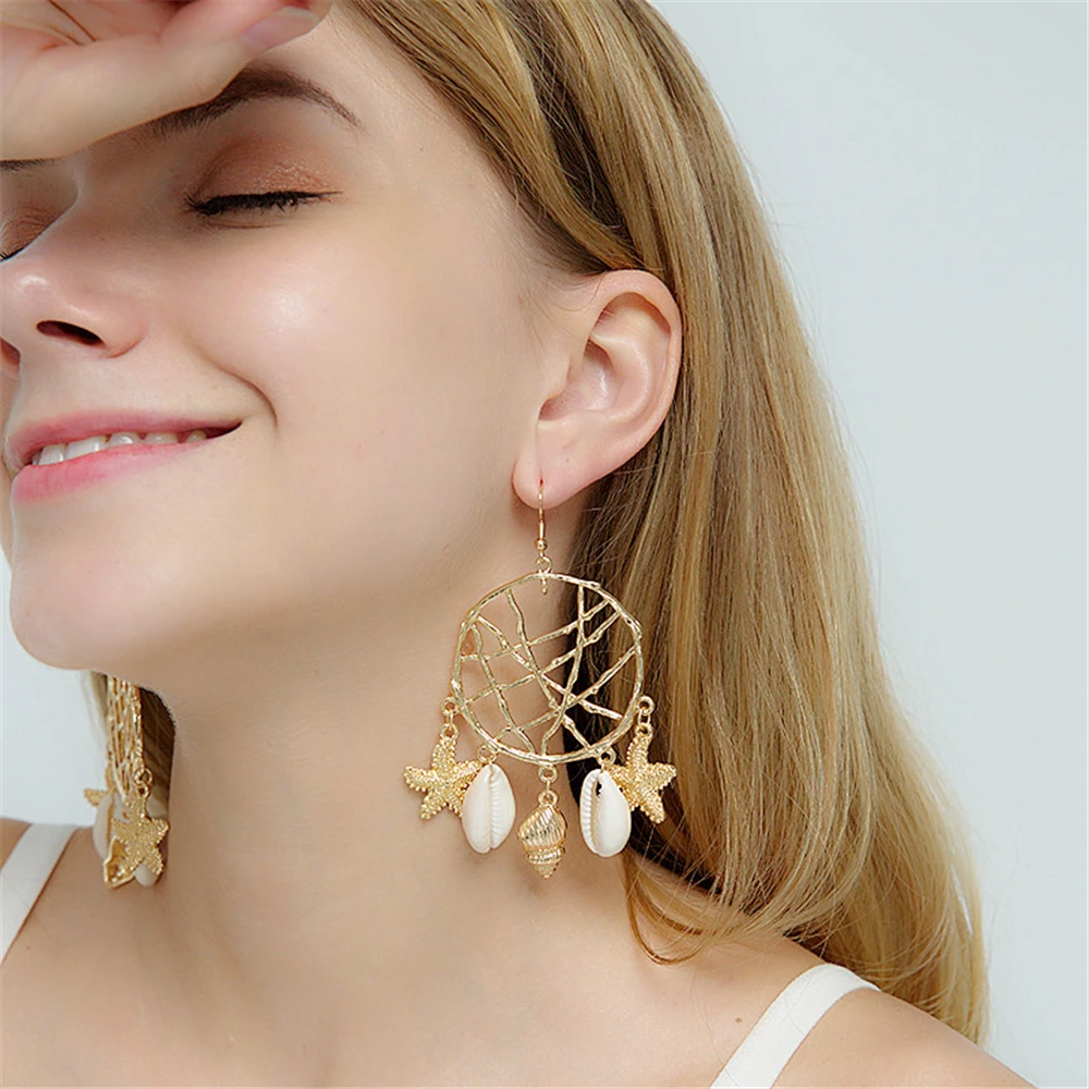

New Shell Earrings For Women Gold Color Dream Catcher Trendy Metal Shell Statement Dangle Earrings 2019 New Summer Beach Jewelry