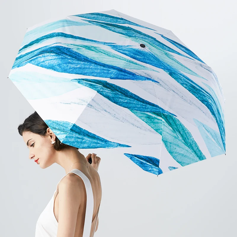 

LIBERAINY Original Design Umbrella Leaf Plant Tropical Art Fashion Cool Rainy Sunny Anti-UV Folding Hand-painted Green Blue Gift