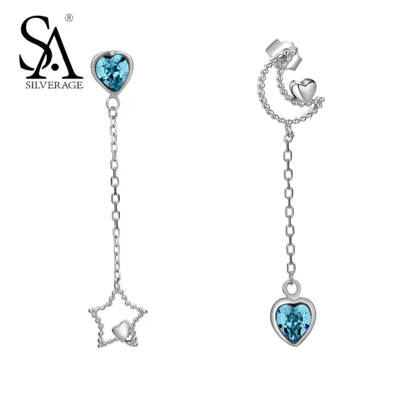 SA SILVERAGE 925 Sterling Silver Star & Moon Drop Earrings for Wedding
