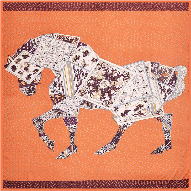 Квадратный твил шелковый шарф для женщин демисезонный Элитный бренд лошадь печатных 130*130 см платки дизайнер шарфы для шали bufanda mujer
