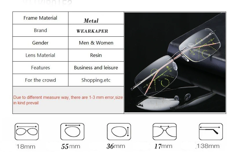 WEARKAPER очки без оправы смарт-зум титановые прогрессивные очки для чтения для мужчин и женщин дальнозоркость Multifocal Glasse