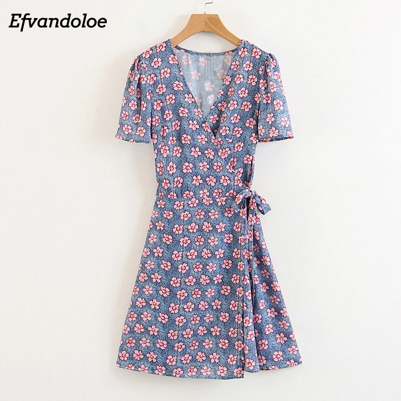 

Efvandoloe Wrap Dress Women V-Neck Floral Dresses vestidos verano 2018 Mini Bandage Dress Bodycon