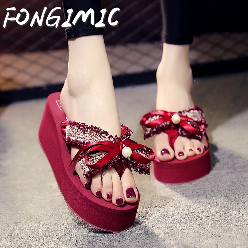 

Women Flip Flops Beach Slippers Beach Shoes Female Summer Sweet Bow Flip-flops Wear Outside Slip Non-slip Sandals High-heeled