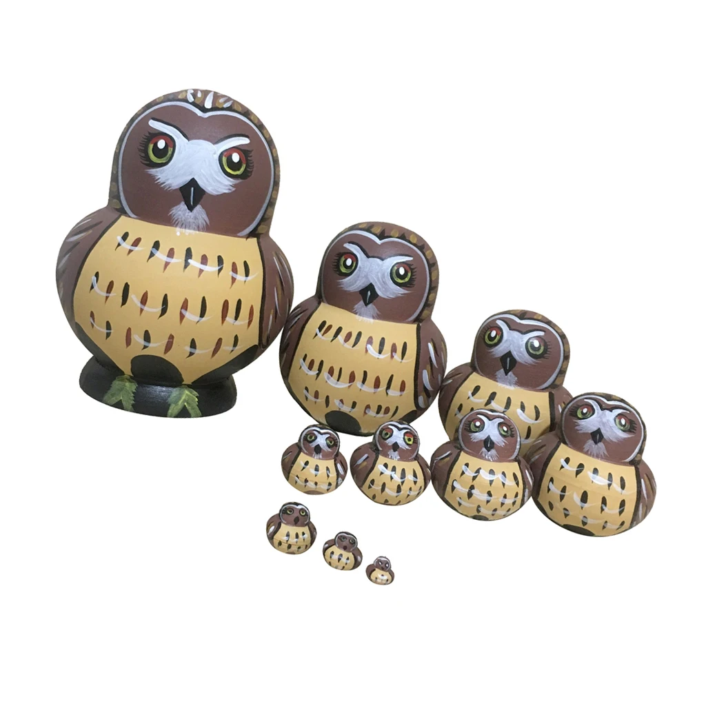 10 PCS Owl Handmade Wooden Russian Nesting Dolls Matryoshka For Kids Toy