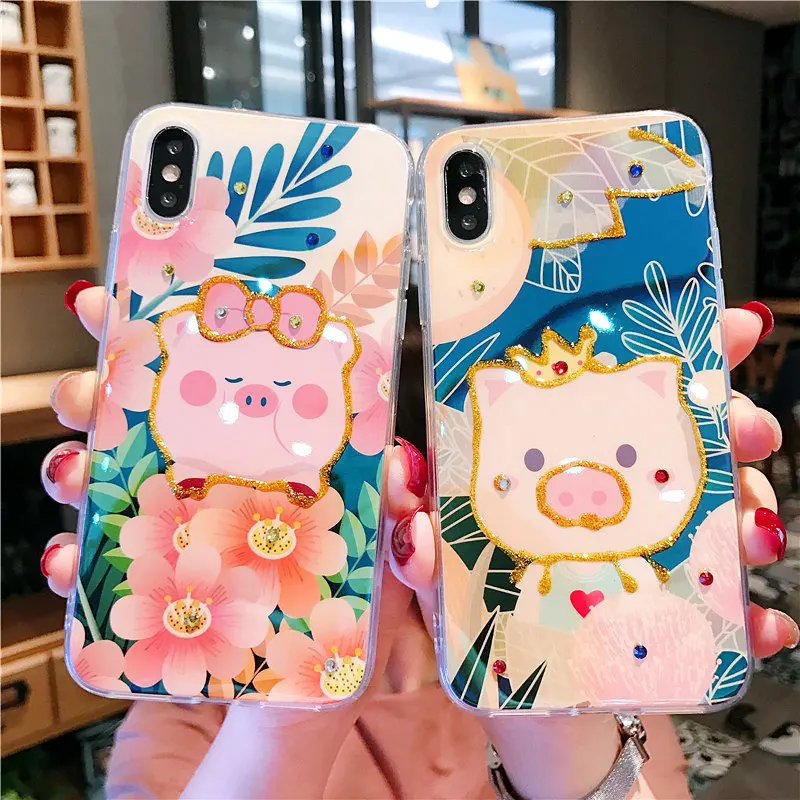 

For iphone 6 6S 7 8 PLUS X XS MAX XR Cut duck Pig Jewelled clear blue-ray cartoon soft tpu case anti-shock cover fundas