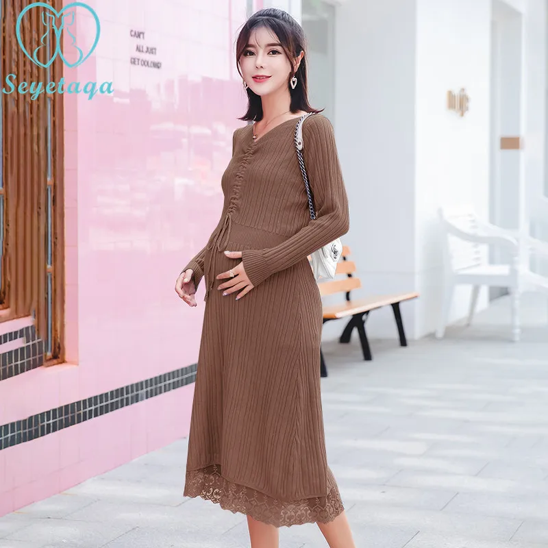 

5806# V Neck Drawstring A Line Slim Lace Knitted Maternity Long Dress Autumn Winter Fashion Clothes for Pregnant Women Pregnancy