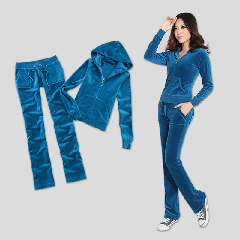 

Spring / Fall/2019 Women's Brand Velvet fabric Tracksuits Solid color Velour suit women Track suit Hoodies and Pants sapphire k