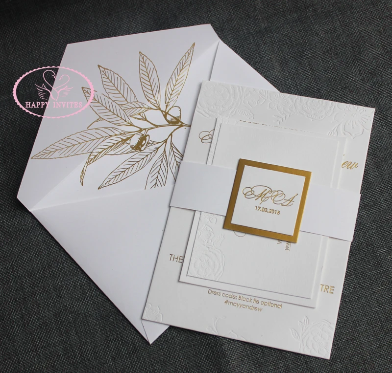 HI1134 - 05 Top Grade  Customized Elegant White Invitation CARD made of 1800 GSM Cotton Paper with Gold Letterpress