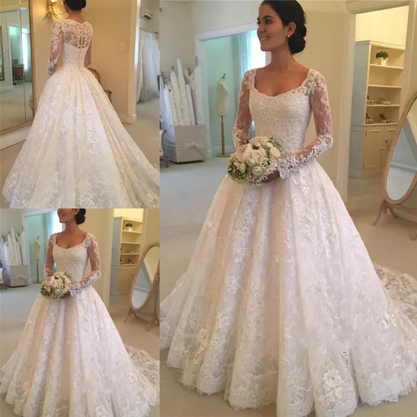 Latest Hot Sale Scoop Neck A-line Long Sleeve Lace Wedding Dresses Button Back Appliques Beaded Bridal Wedding Gowns