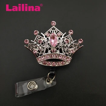 

lot Pink Rhinestone Crown Badge Reel Retractable ID Badge Holder