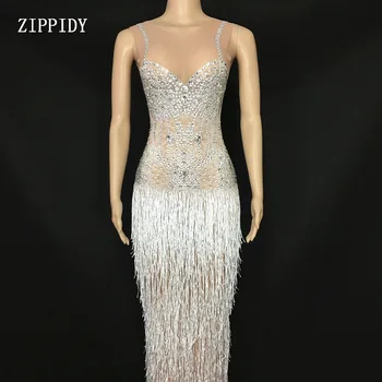 

Sparkly White Tassel See Through Rhinestones Dress Women's Birthday Celebrate Mesh Dress Fringes Costume Dance Outfit YOUDU