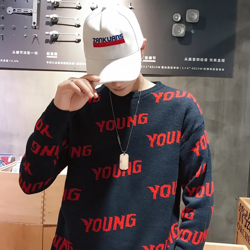 

Fashion Casual Men's Sweater Autumn And Winter New S-2XL Printing Wild Loose Pullover Tricolor Personality Youth Popular