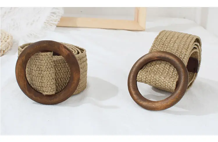 New Women belt Wide Straw Braided Woven Belt Female Round Square Wooden Buckle Belts for Women Dress Cinturon Madera Paja