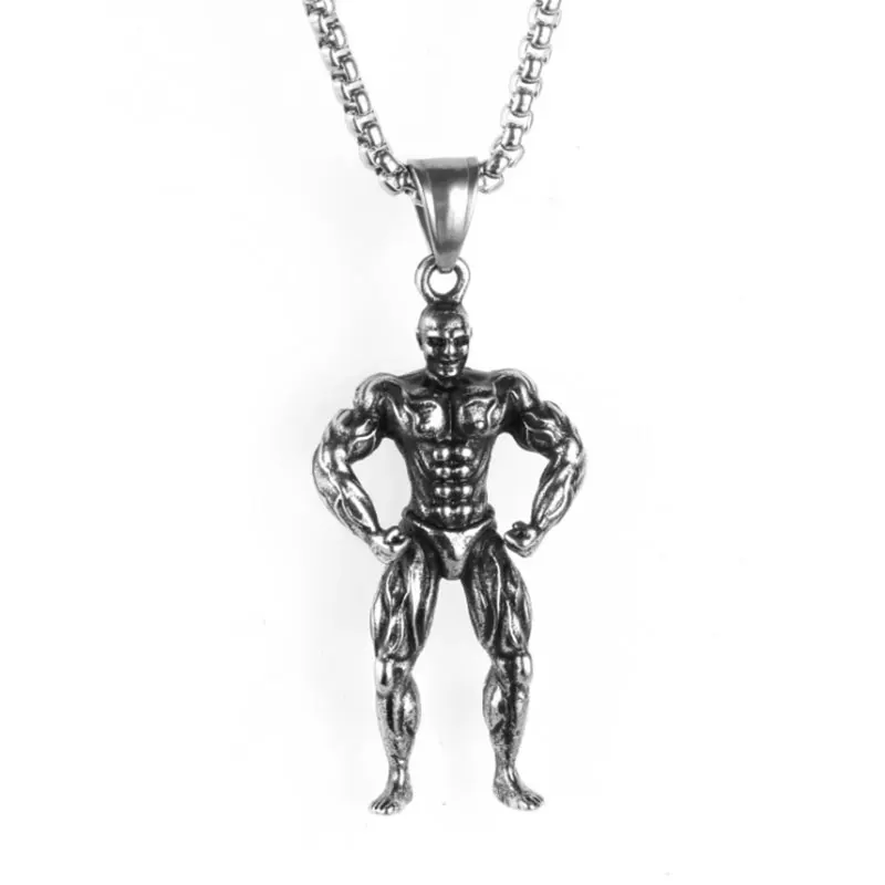 

Stainless Steel Muscle Man Pendant Necklace Weight Lifting Fitness Sport Male Necklace Charm Men CrossFit Gym Jewelry